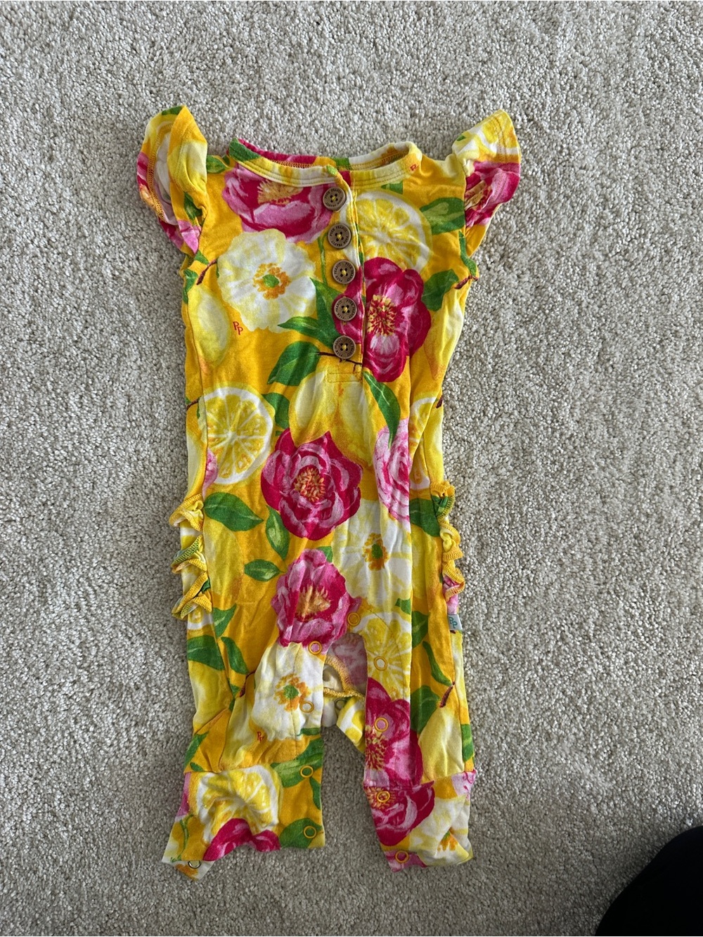 Posh Peanut Yellow Floral Button Romper with Pink & Green Accents